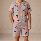 Model wearing Men's Flurry Fanfare Custom Face Shirt & Shorts Set printed with kids' faces