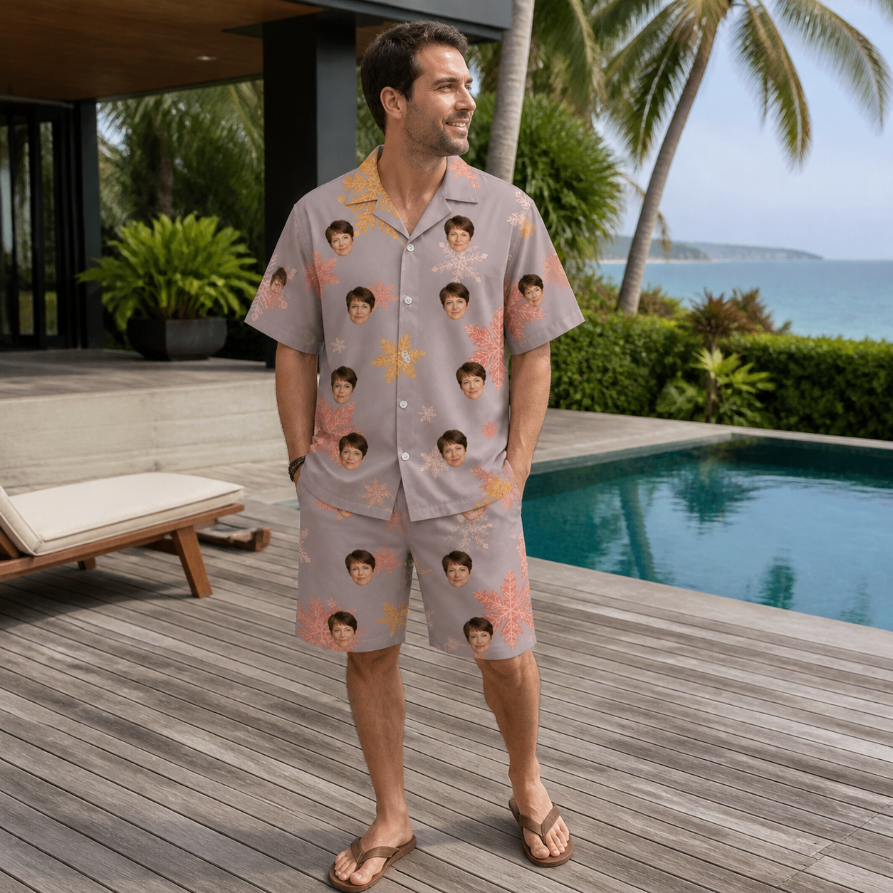 Real-life photo of someone wearing Men's Flurry Fanfare Custom Face Shirt & Shorts Set — custom faces printed all-over