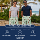 Friends in matching Men's Claus Carnival Custom Face Beach Shorts — a group gift photo