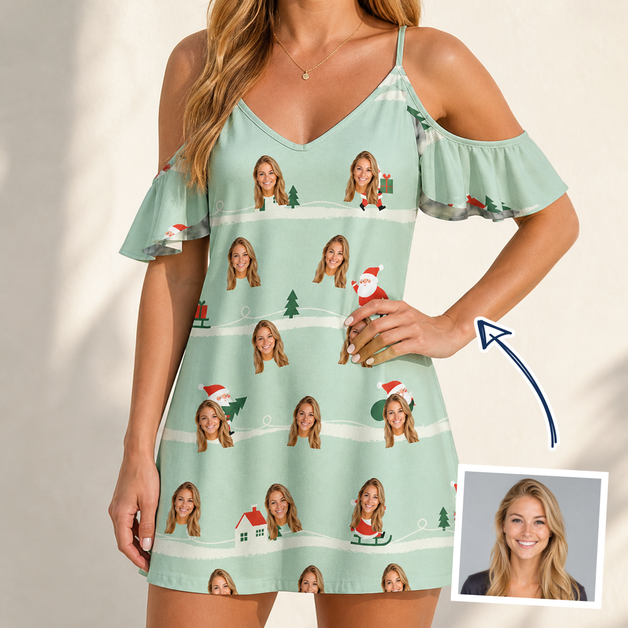 Woman wearing Women's Claus Carnival Custom Face Off-Shoulder Dress — custom faces printed all-over