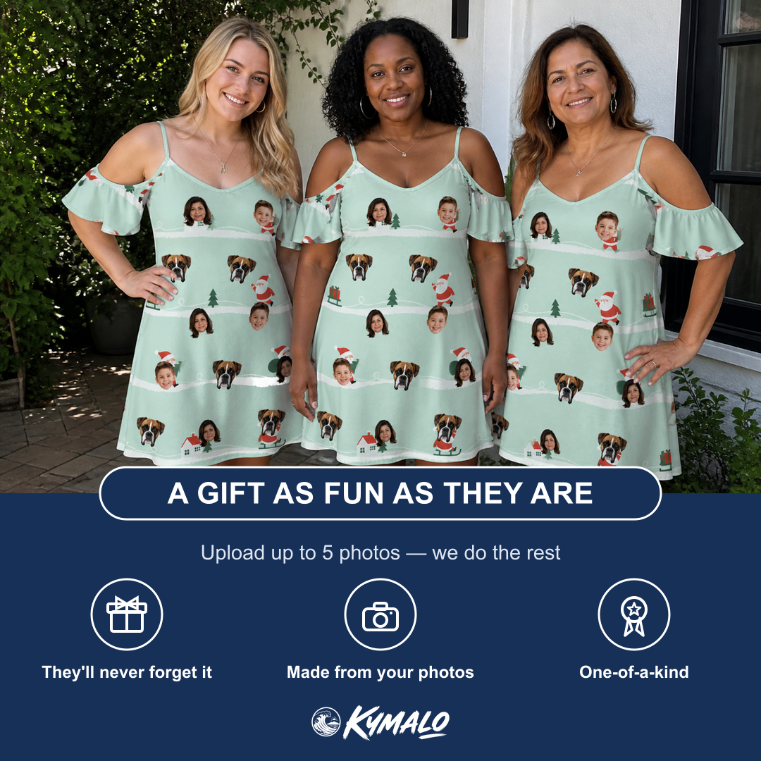 Friends in matching Women's Claus Carnival Custom Face Off-Shoulder Dress — a group gift photo