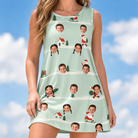Model wearing Women's Claus Carnival Custom Face Tank Dress printed with kids' faces