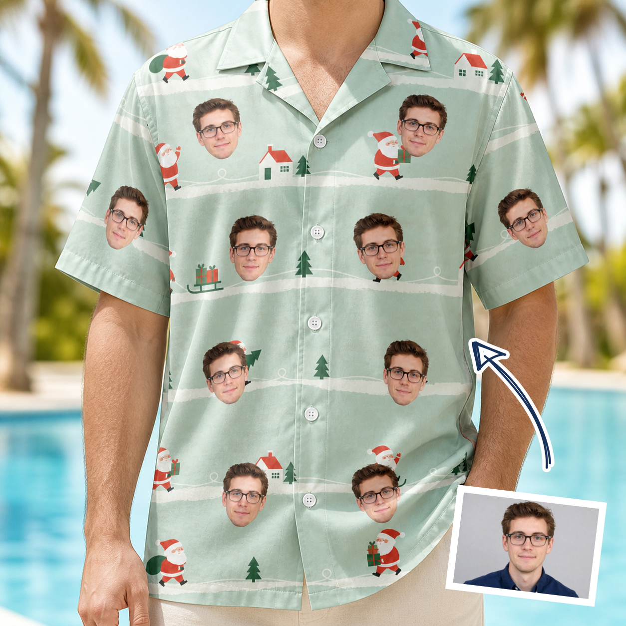 Man wearing Men's Claus Carnival Custom Face Hawaiian Shirt — custom faces printed all-over
