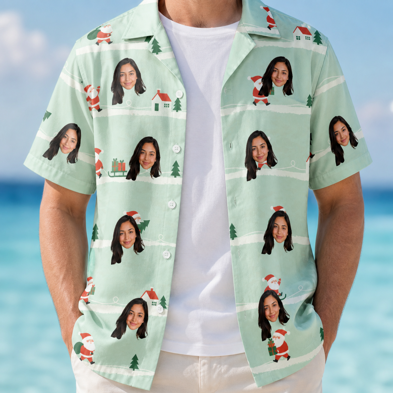 Man wearing Men's Claus Carnival Custom Face Hawaiian Shirt open over a white tee