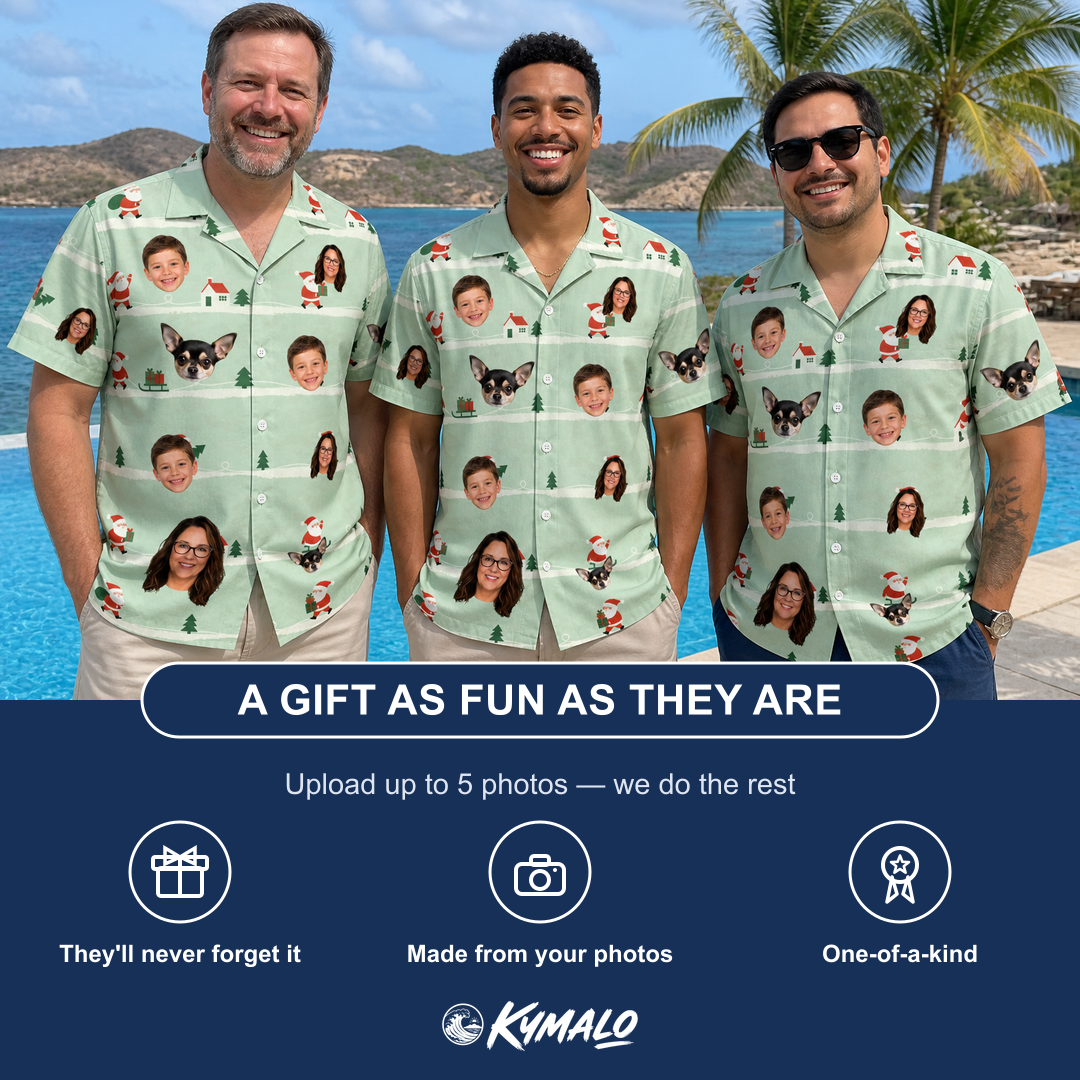 Friends in matching Men's Claus Carnival Custom Face Hawaiian Shirt — a group gift photo