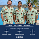 Friends in matching Men's Claus Carnival Custom Face Hawaiian Shirt — a group gift photo
