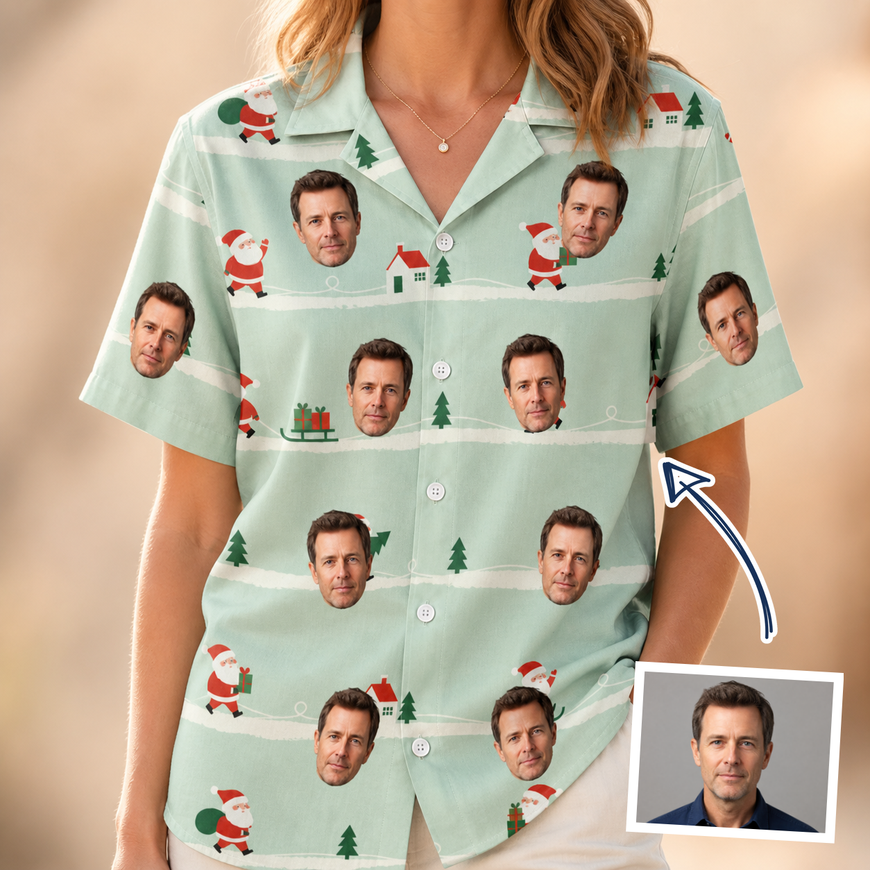 Woman wearing Women's Claus Carnival Custom Face Hawaiian Shirt — custom faces printed all-over