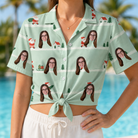 Woman wearing Women's Claus Carnival Custom Face Hawaiian Shirt tied at the waist