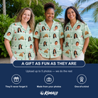 Friends in matching Women's Claus Carnival Custom Face Hawaiian Shirt — a group gift photo