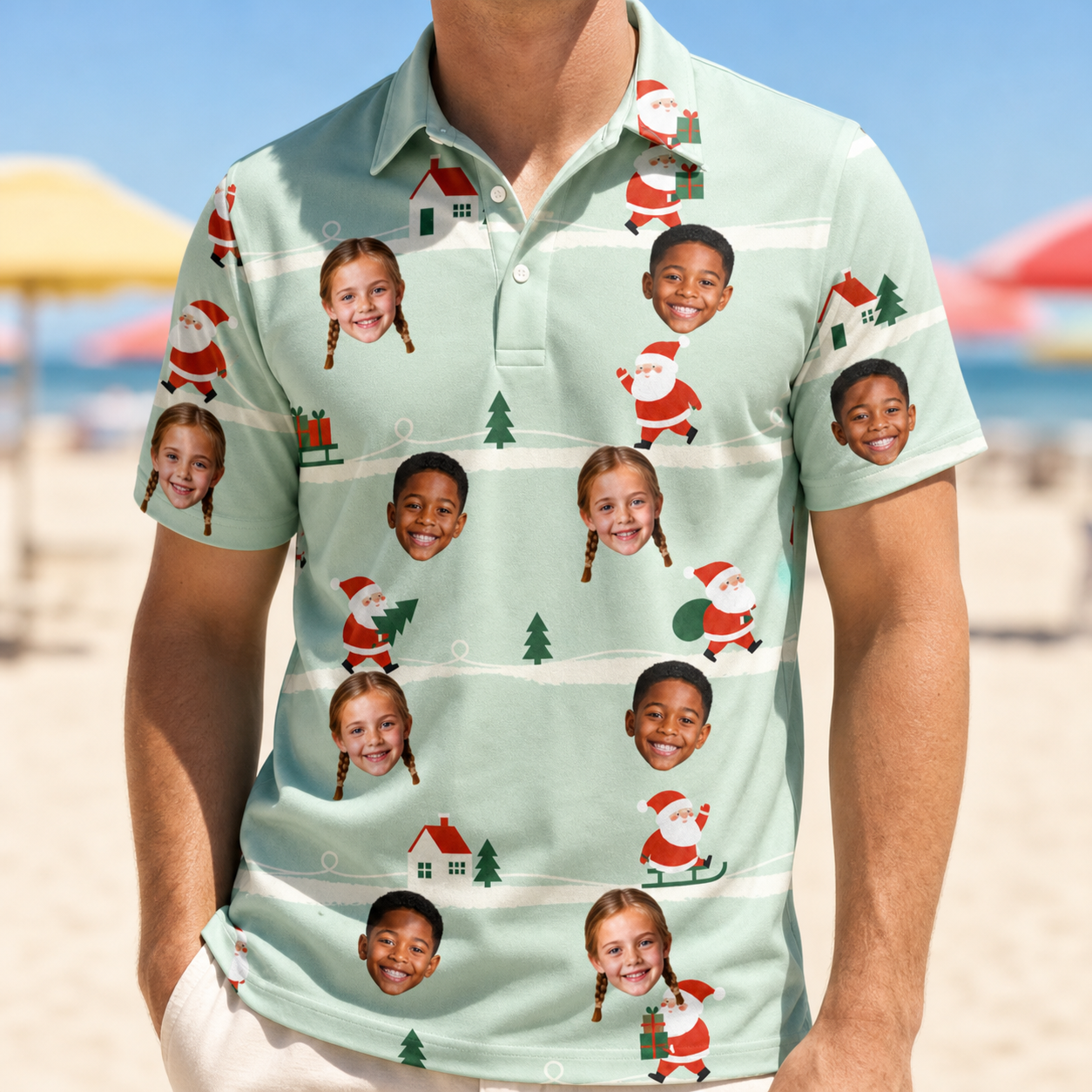 Model wearing Men's Claus Carnival Custom Face Polo Shirt printed with kids' faces