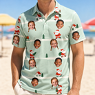 Model wearing Men's Claus Carnival Custom Face Polo Shirt printed with kids' faces