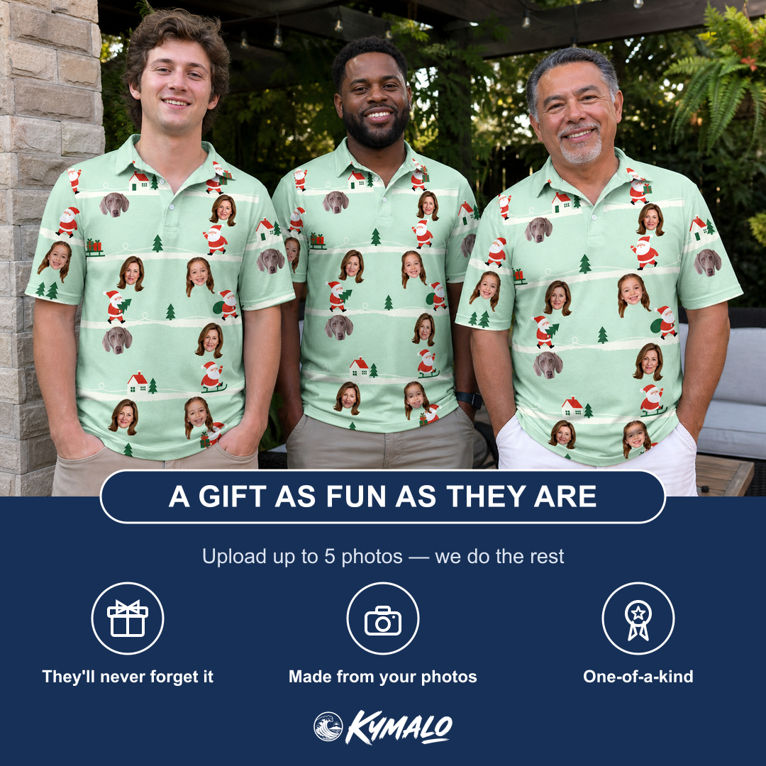 Friends in matching Men's Claus Carnival Custom Face Polo Shirt — a group gift photo