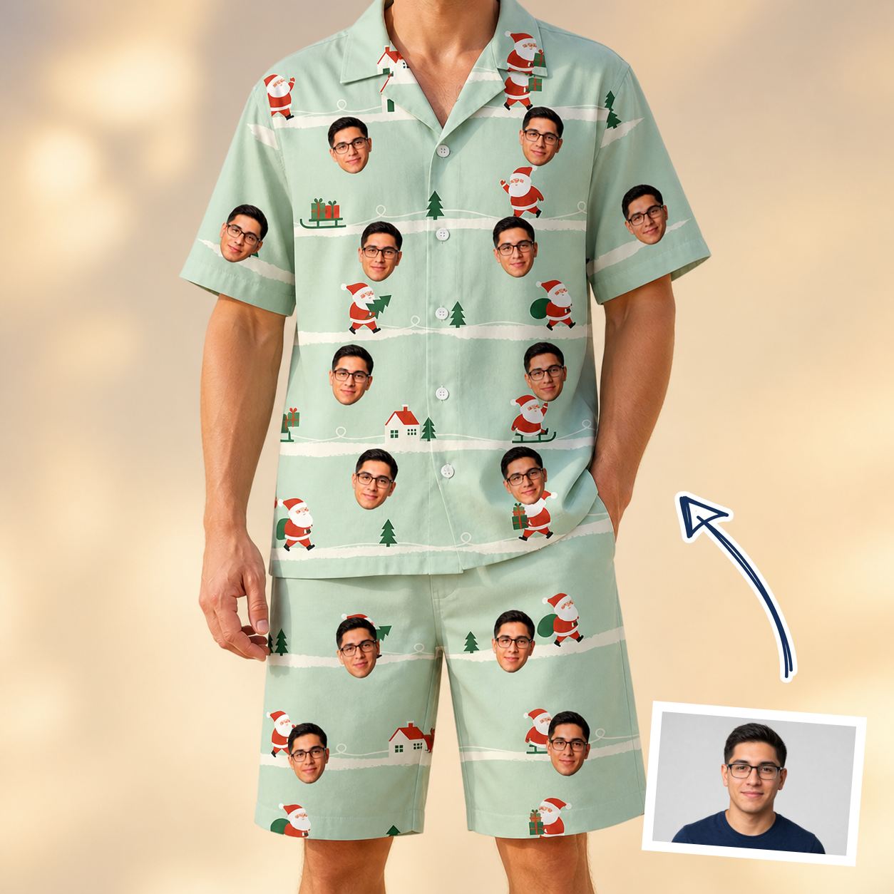Man wearing Men's Claus Carnival Custom Face Shirt & Shorts Set — custom faces printed all-over