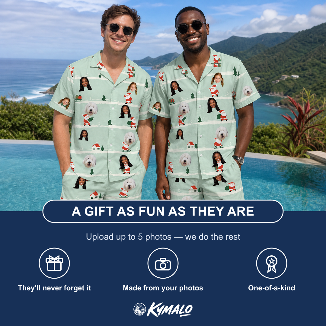 Friends in matching Men's Claus Carnival Custom Face Shirt & Shorts Set — a group gift photo