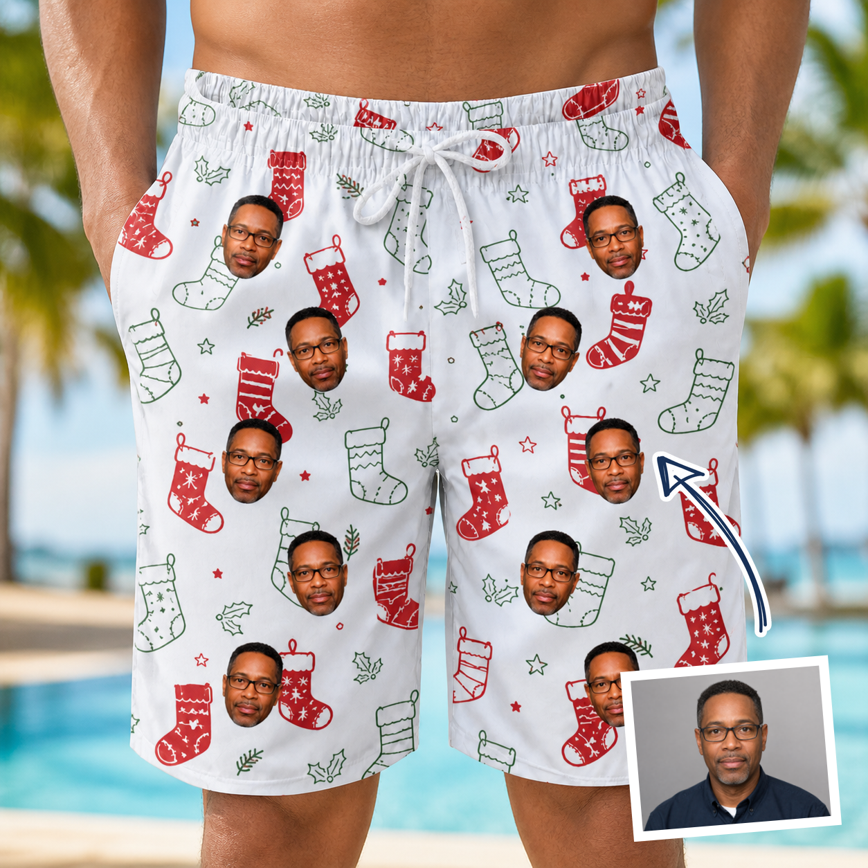 Man wearing Men's Yule Pouches Custom Face Beach Shorts — custom faces printed all-over