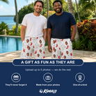 Friends in matching Men's Yule Pouches Custom Face Beach Shorts — a group gift photo