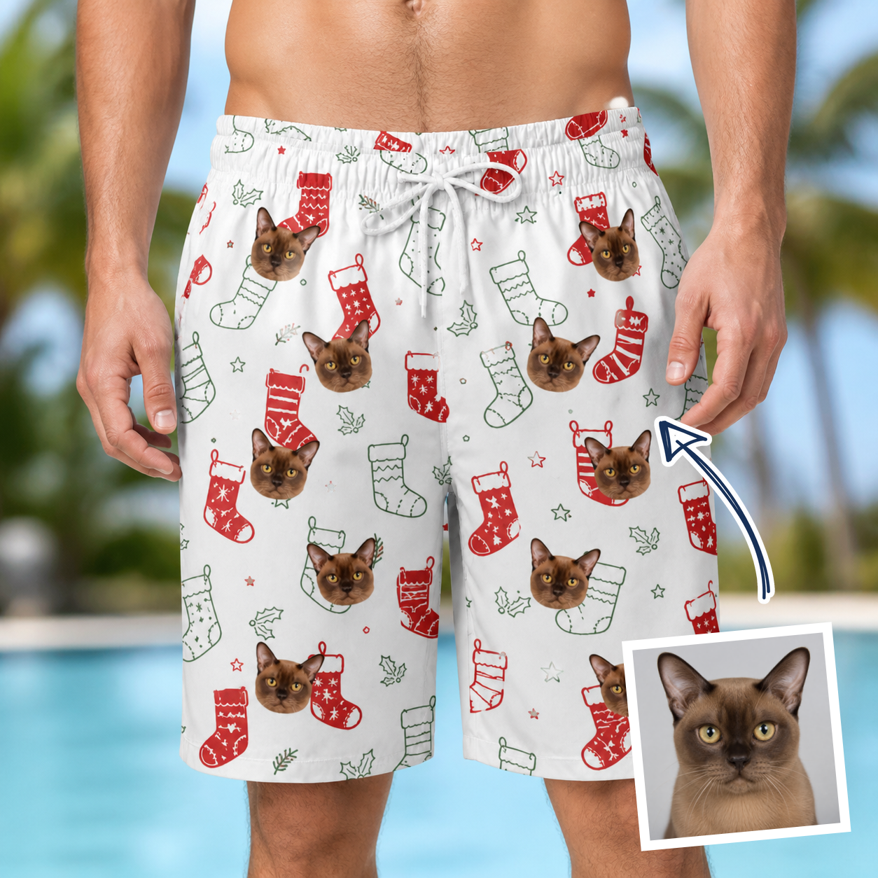 Man wearing Men's Yule Pouches Custom Cat Face Beach Shorts — custom faces printed all-over