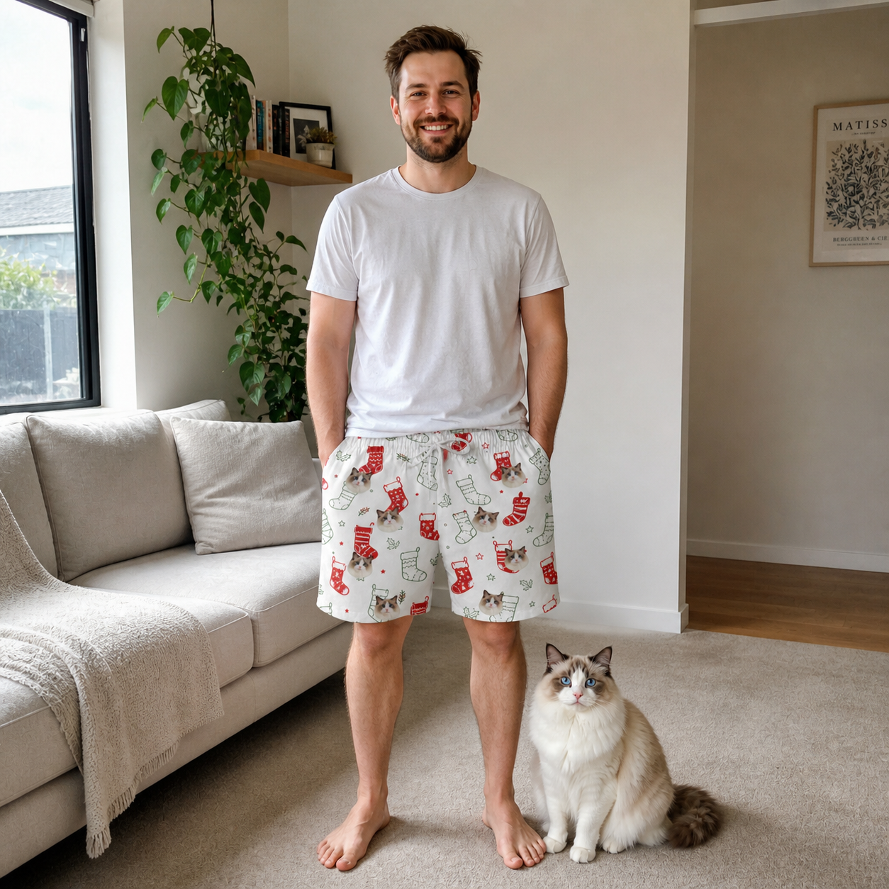 Full-length photo with the pet printed all over this Men's Yule Pouches Custom Cat Face Beach Shorts