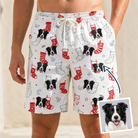 Man wearing Men's Yule Pouches Custom Dog Face Beach Shorts — custom faces printed all-over