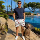 Full-length photo with the pet printed all over this Men's Yule Pouches Custom Dog Face Beach Shorts