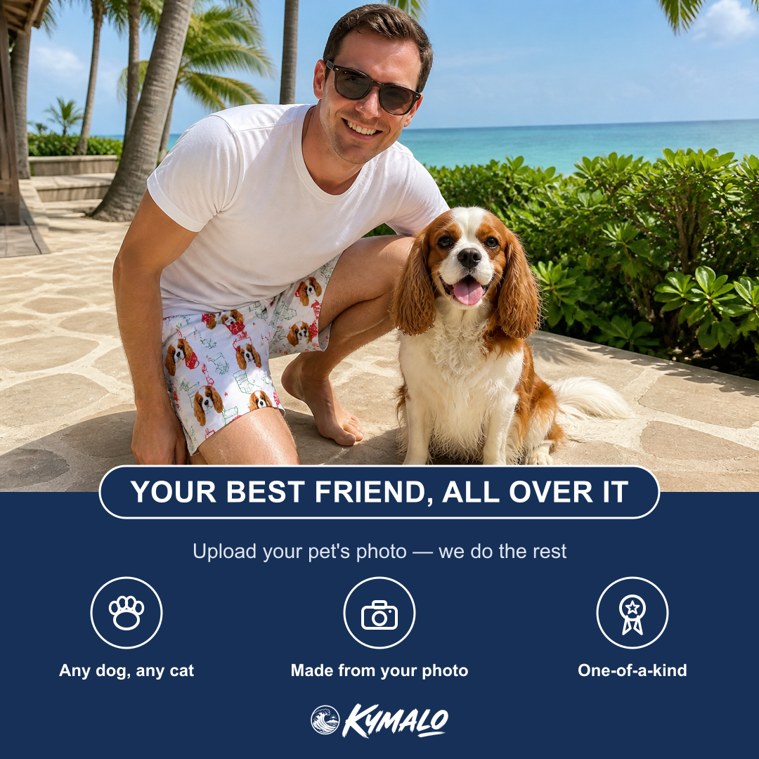 Friends in matching Men's Yule Pouches Custom Dog Face Beach Shorts — a group gift photo