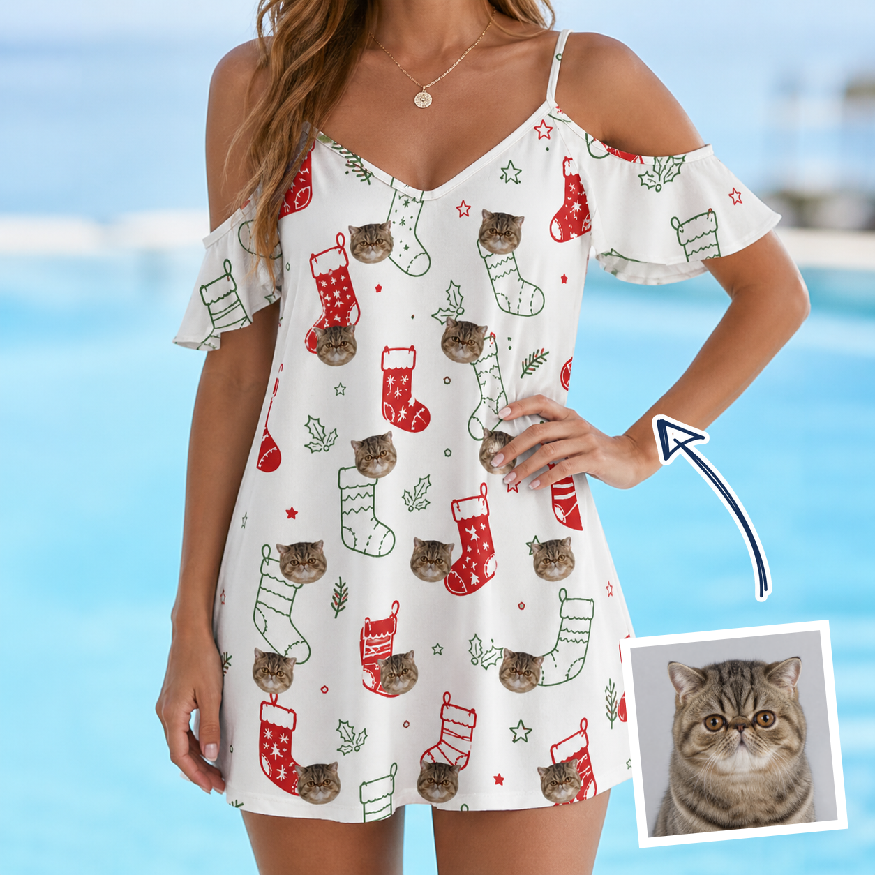 Woman wearing Women's Yule Pouches Custom Cat Face Off-Shoulder Dress — custom faces printed all-over