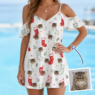 Woman wearing Women's Yule Pouches Custom Cat Face Off-Shoulder Dress — custom faces printed all-over