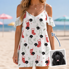 Woman wearing Women's Yule Pouches Custom Dog Face Off-Shoulder Dress — custom faces printed all-over