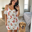Selfie with the pet whose face is printed all over this Women's Yule Pouches Custom Dog Face Off-Shoulder Dress