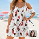 Woman wearing Women's Yule Pouches Custom Face Off-Shoulder Dress — custom faces printed all-over