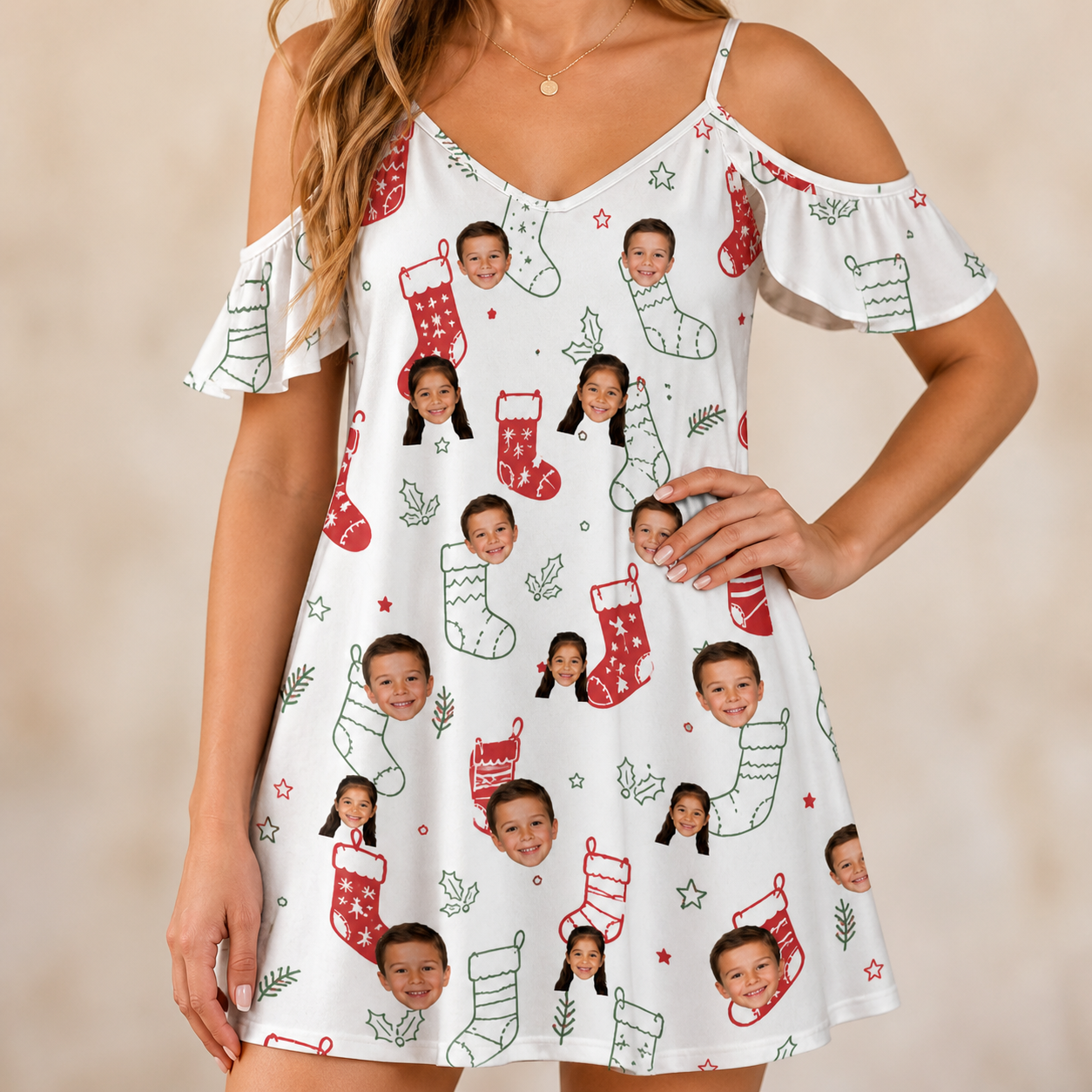 Model wearing Women's Yule Pouches Custom Face Off-Shoulder Dress printed with kids' faces