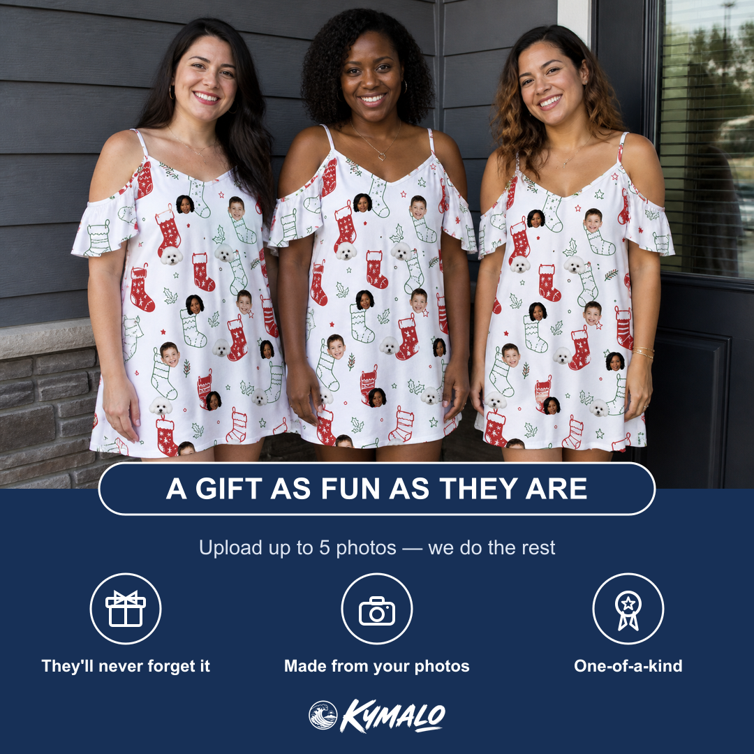 Friends in matching Women's Yule Pouches Custom Face Off-Shoulder Dress — a group gift photo