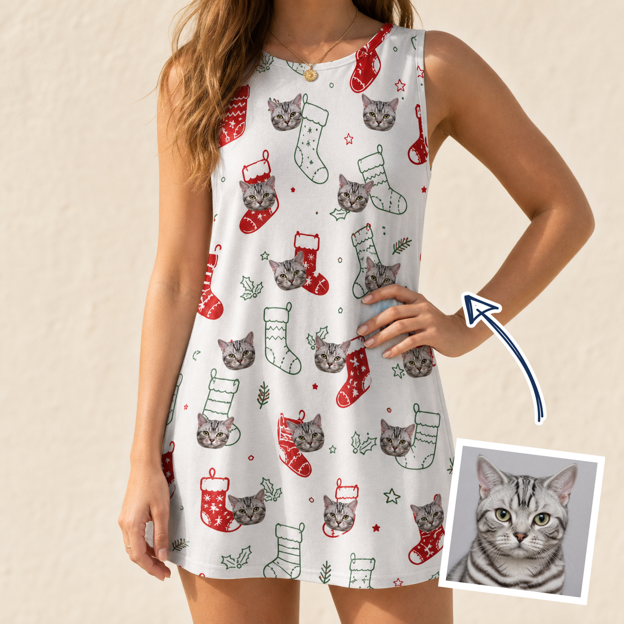 Woman wearing Women's Yule Pouches Custom Cat Face Tank Dress — custom faces printed all-over