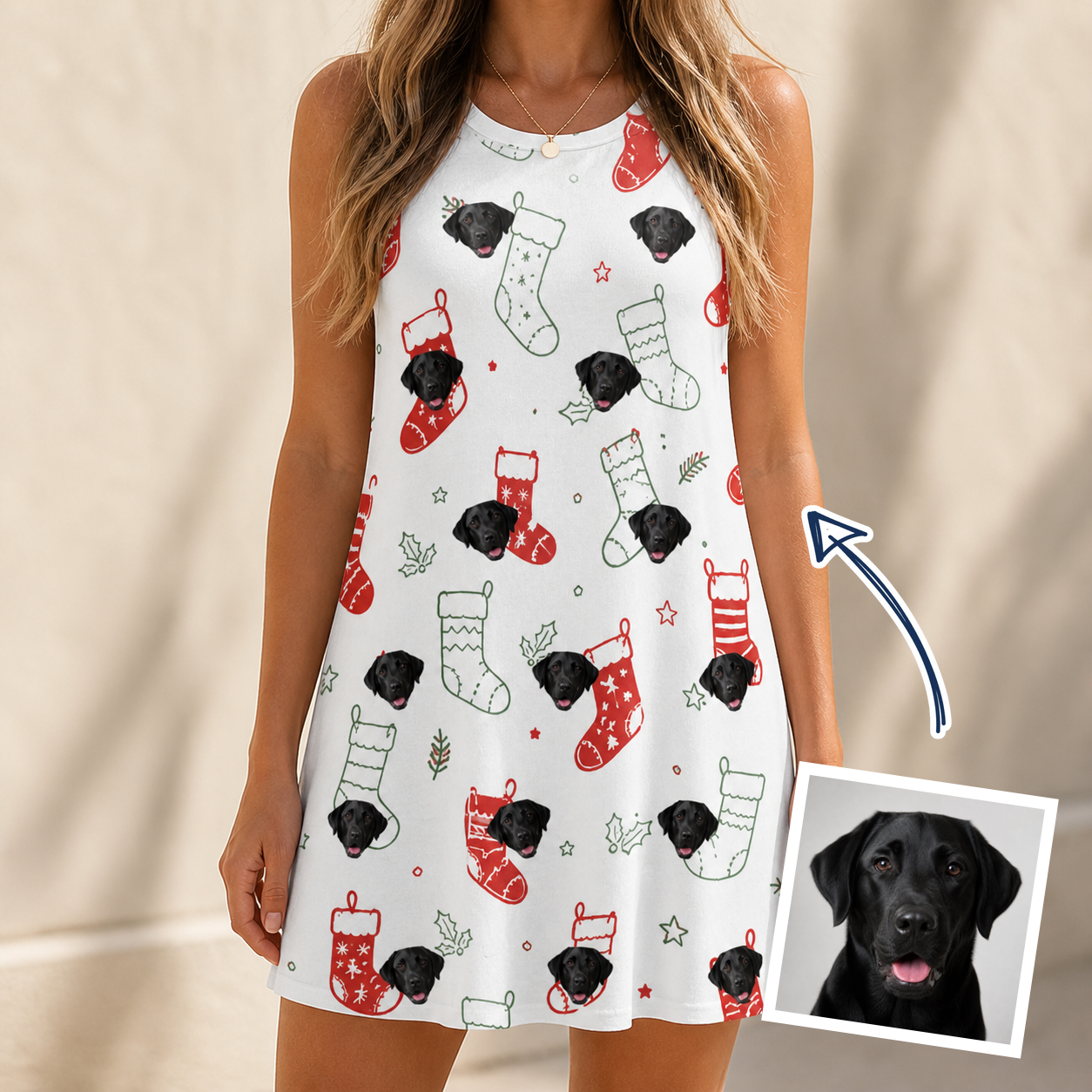 Woman wearing Women's Yule Pouches Custom Dog Face Tank Dress — custom faces printed all-over