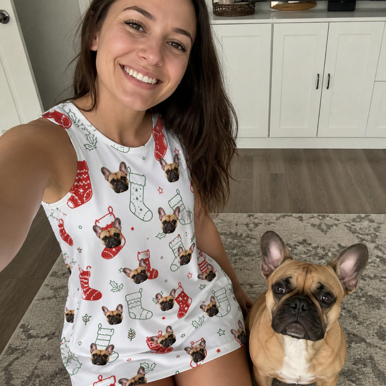 Selfie with the pet whose face is printed all over this Women's Yule Pouches Custom Dog Face Tank Dress
