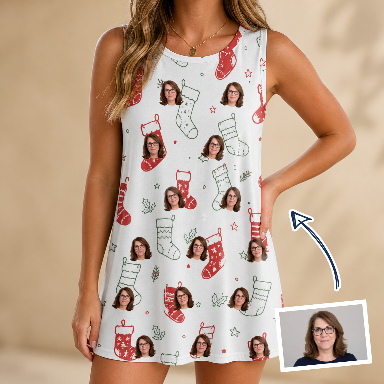 Woman wearing Women's Yule Pouches Custom Face Tank Dress — custom faces printed all-over