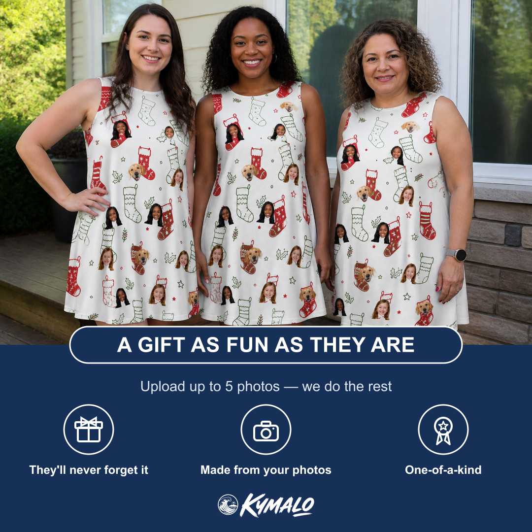 Friends in matching Women's Yule Pouches Custom Face Tank Dress — a group gift photo