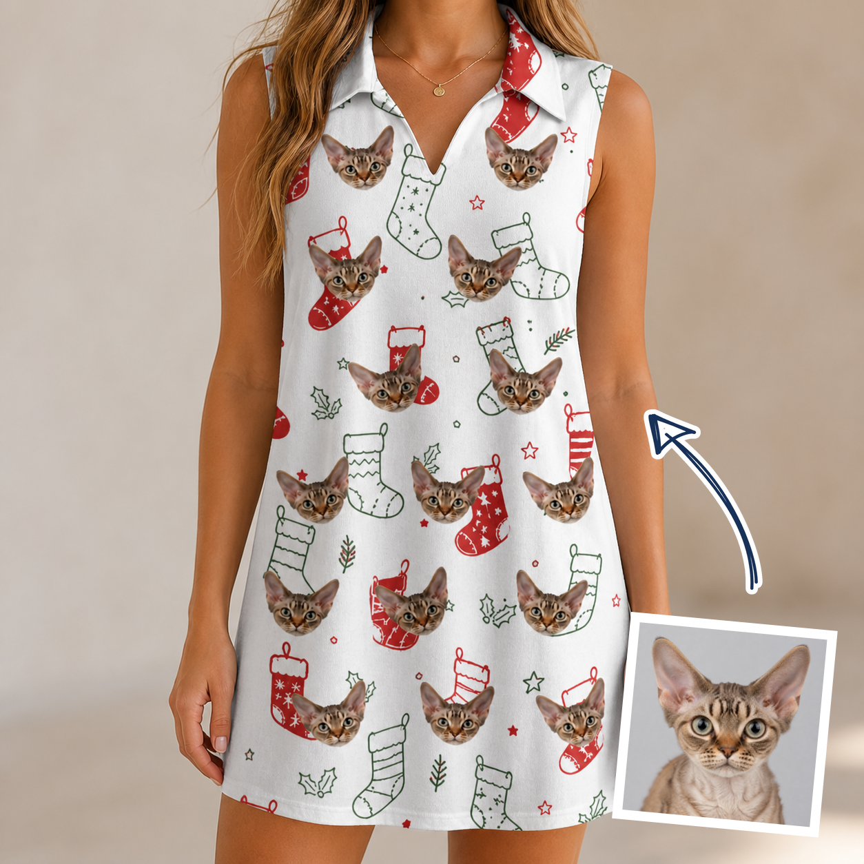 Woman wearing Women's Yule Pouches Custom Cat Face V-Neck Dress — custom faces printed all-over