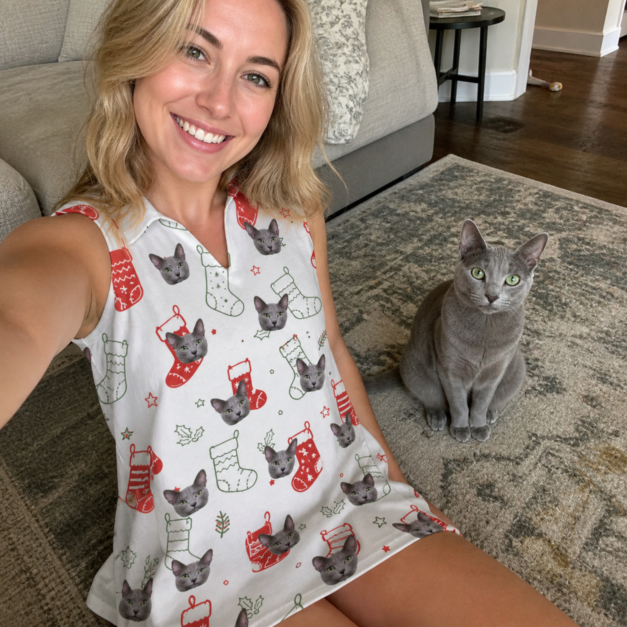Selfie with the pet whose face is printed all over this Women's Yule Pouches Custom Cat Face V-Neck Dress