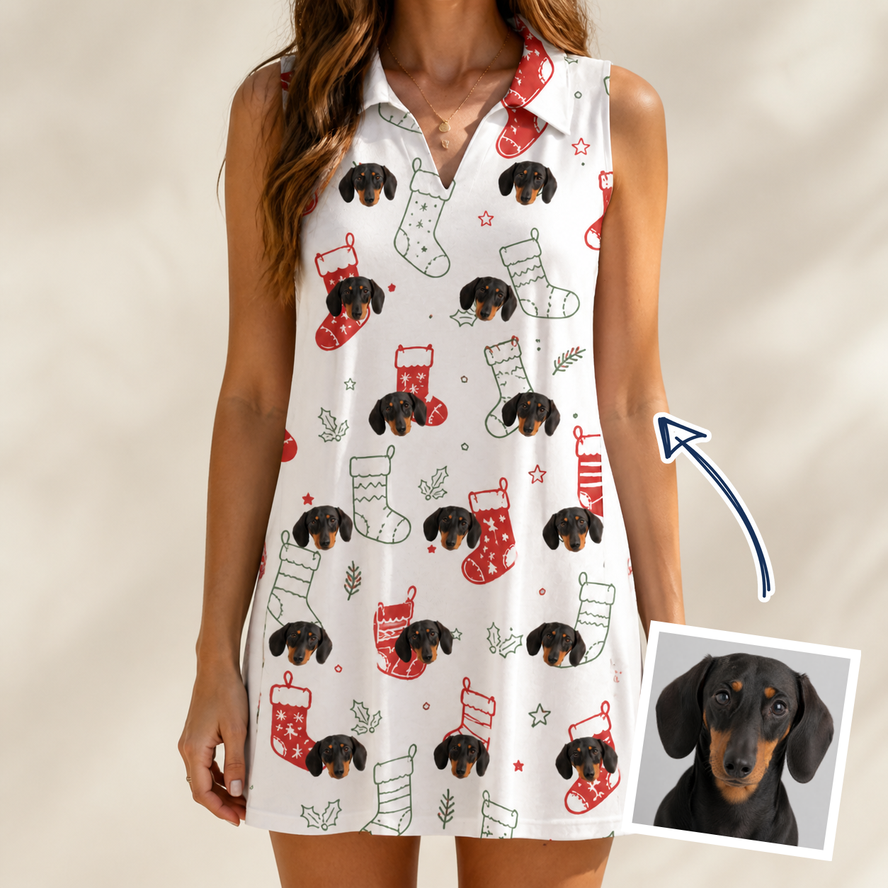 Woman wearing Women's Yule Pouches Custom Dog Face V-Neck Dress — custom faces printed all-over