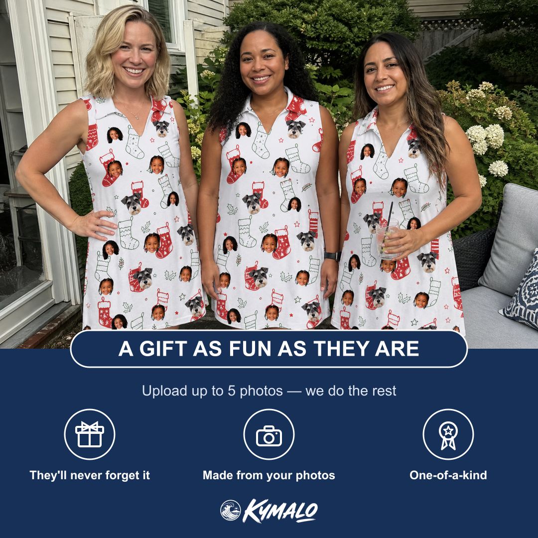 Friends in matching Women's Yule Pouches Custom Face V-Neck Dress — a group gift photo