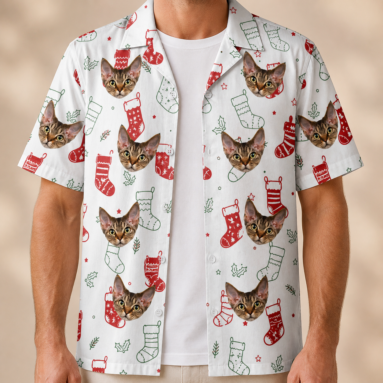 Man wearing Men's Yule Pouches Custom Cat Face Hawaiian Shirt open over a white tee