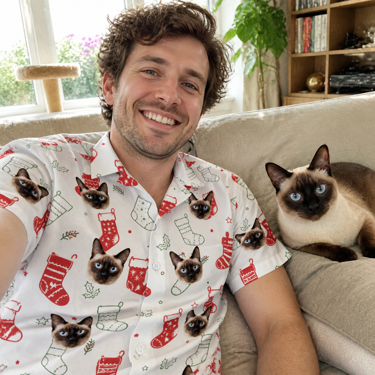 Selfie with the pet whose face is printed all over this Men's Yule Pouches Custom Cat Face Hawaiian Shirt