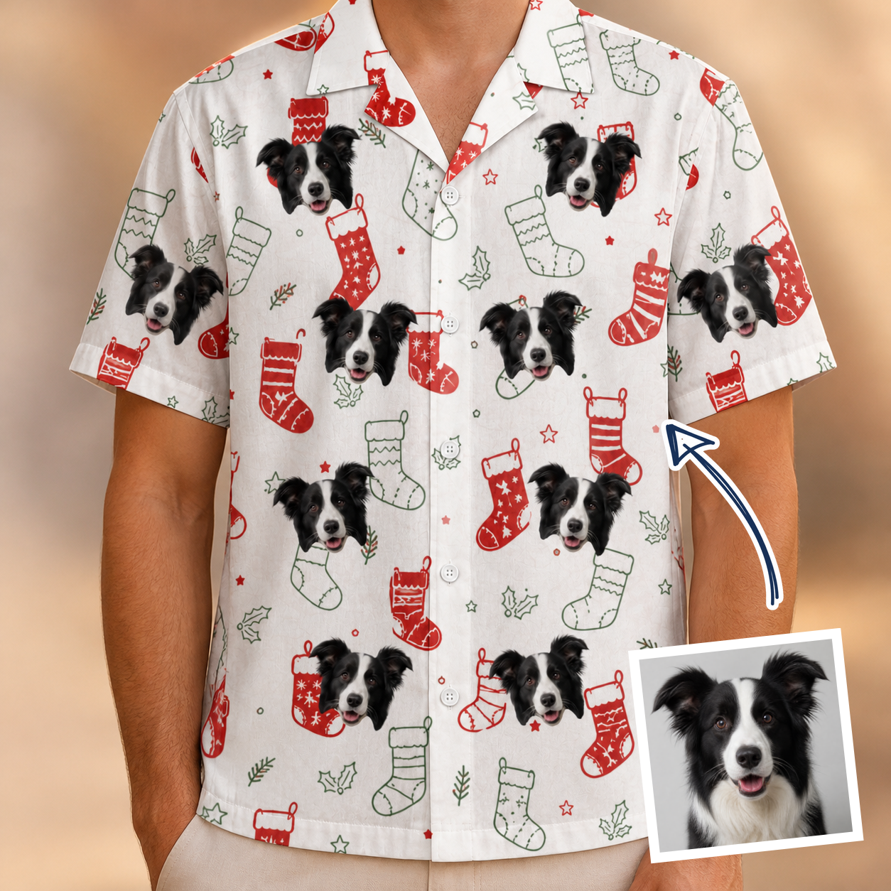 Man wearing Men's Yule Pouches Custom Dog Face Hawaiian Shirt — custom faces printed all-over