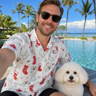 Selfie with the pet whose face is printed all over this Men's Yule Pouches Custom Dog Face Hawaiian Shirt