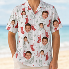 Model wearing Men's Yule Pouches Custom Face Hawaiian Shirt printed with kids' faces