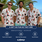 Friends in matching Men's Yule Pouches Custom Face Hawaiian Shirt — a group gift photo