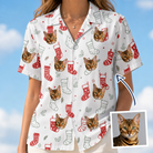 Woman wearing Women's Yule Pouches Custom Cat Face Hawaiian Shirt — custom faces printed all-over