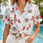 Woman wearing Women's Yule Pouches Custom Cat Face Hawaiian Shirt tied at the waist