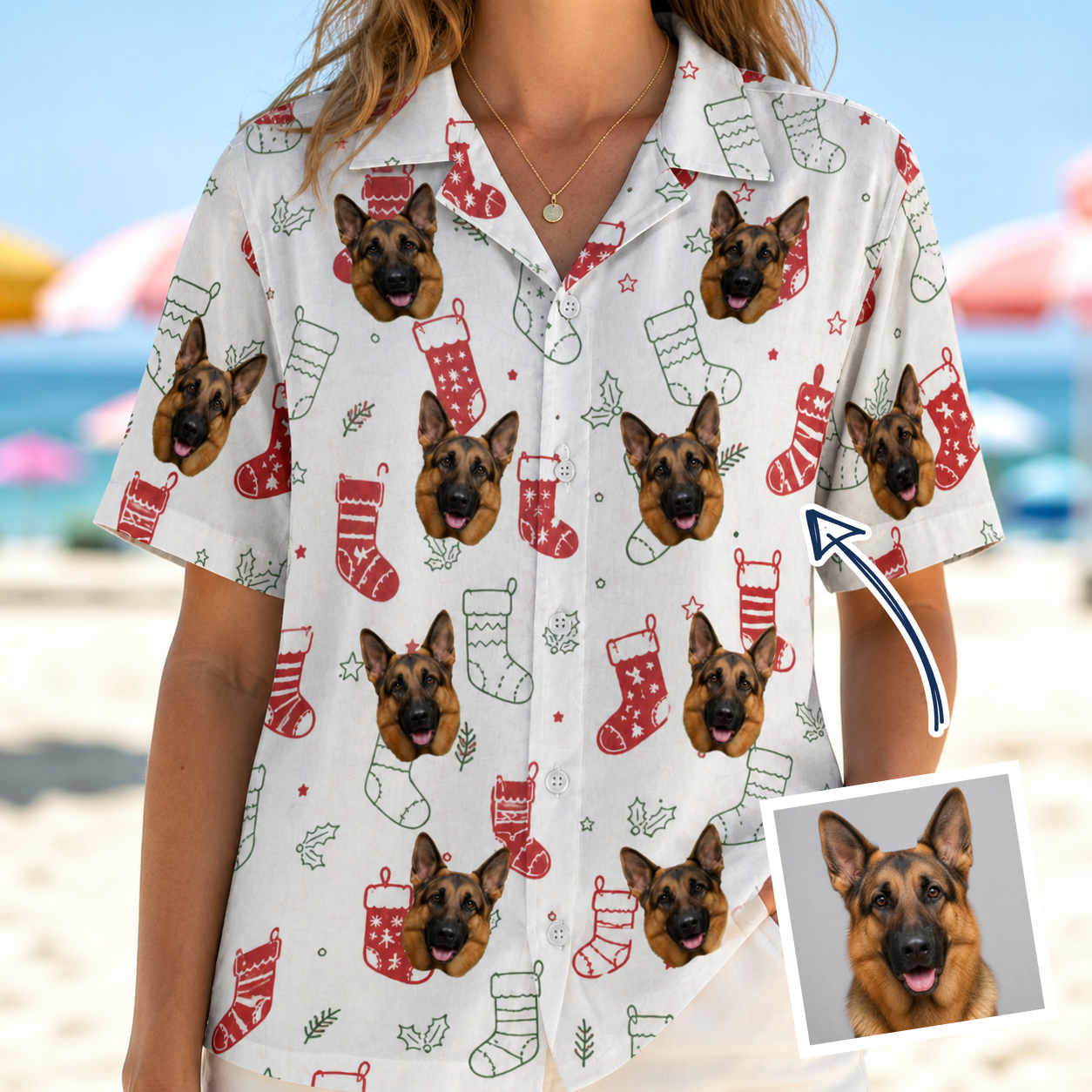 Woman wearing Women's Yule Pouches Custom Dog Face Hawaiian Shirt — custom faces printed all-over